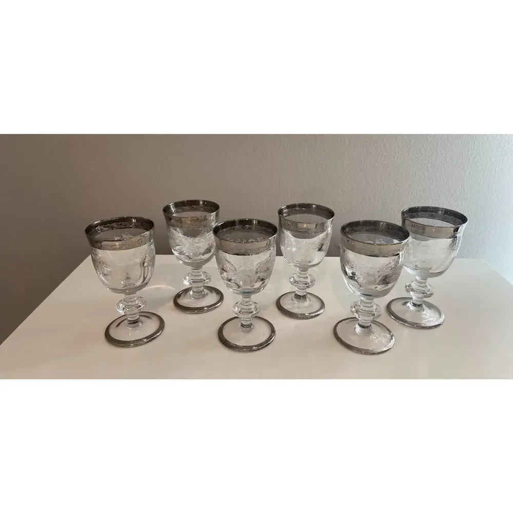 Vintage Murano Medici Small Liquor MCM Crystal Glasses, Platinum Rim, Set of 6